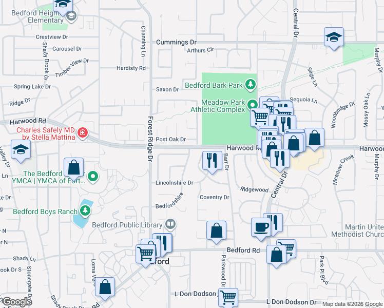 map of restaurants, bars, coffee shops, grocery stores, and more near 2900 Bedfordshire in Bedford