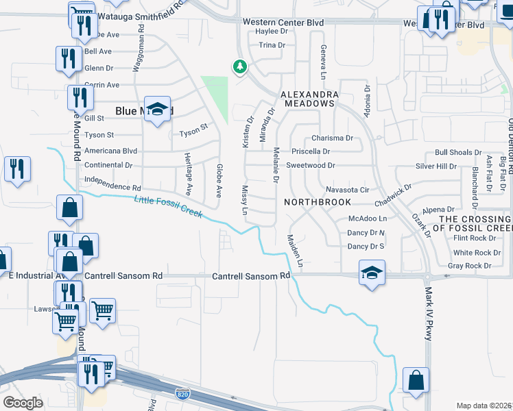 map of restaurants, bars, coffee shops, grocery stores, and more near 2117 Ingrid Lane in Fort Worth