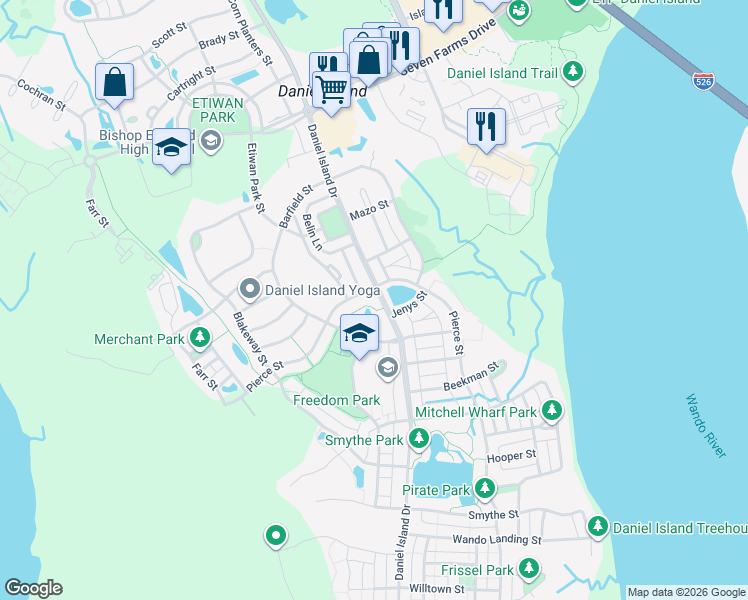 map of restaurants, bars, coffee shops, grocery stores, and more near 2281 Daniel Island Drive in Charleston
