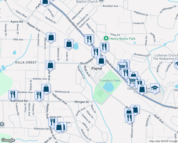 map of restaurants, bars, coffee shops, grocery stores, and more near 3380 Roff Avenue in Macon