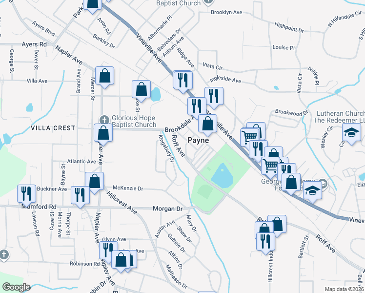 map of restaurants, bars, coffee shops, grocery stores, and more near 3380 Roff Avenue in Macon