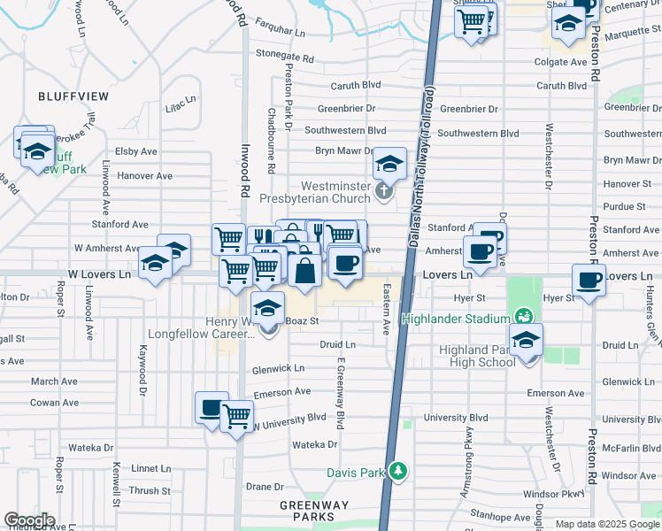 map of restaurants, bars, coffee shops, grocery stores, and more near 5611 West Lovers Lane in Dallas