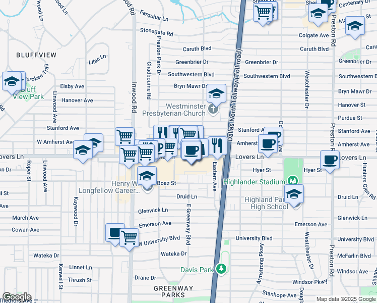 map of restaurants, bars, coffee shops, grocery stores, and more near 5639 West Lovers Lane in Dallas