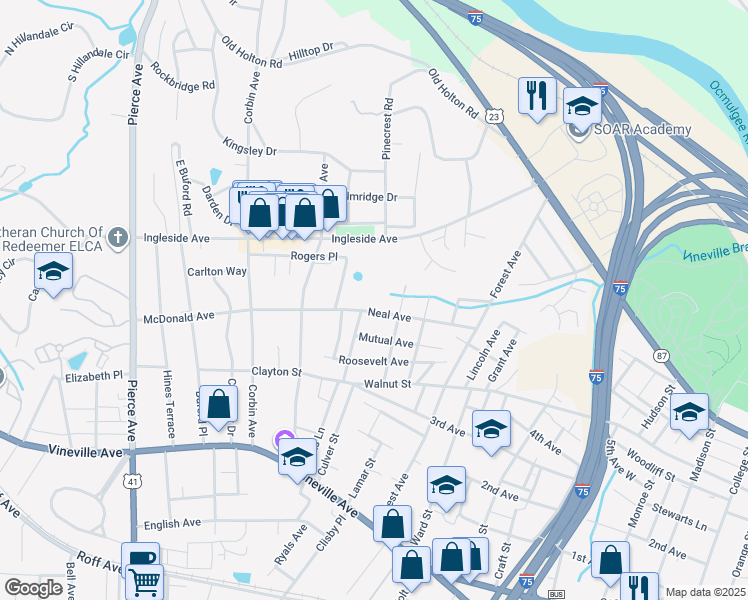 map of restaurants, bars, coffee shops, grocery stores, and more near 2187 Neal Avenue in Macon