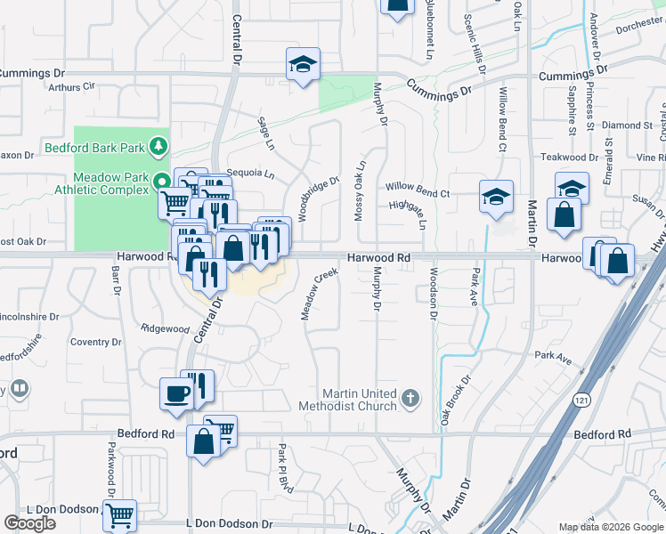 map of restaurants, bars, coffee shops, grocery stores, and more near 2801 Meadow Creek in Bedford