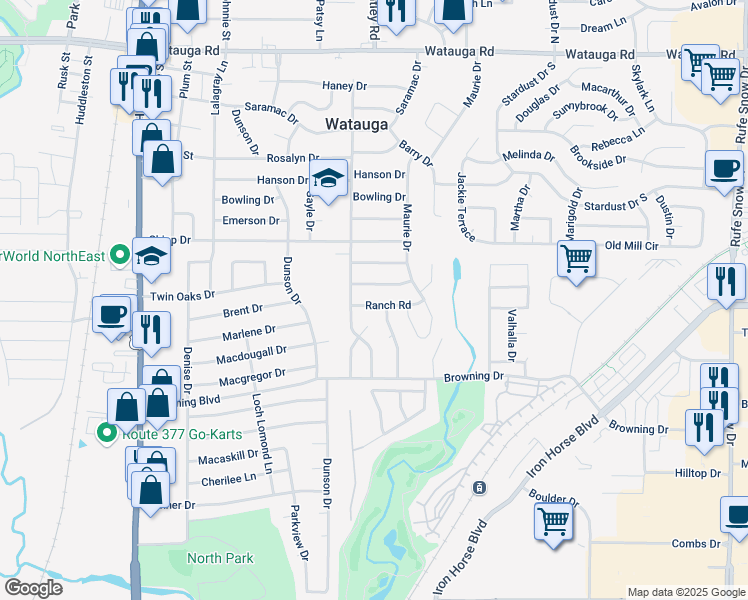 map of restaurants, bars, coffee shops, grocery stores, and more near 5917 Ranch Road in Haltom City