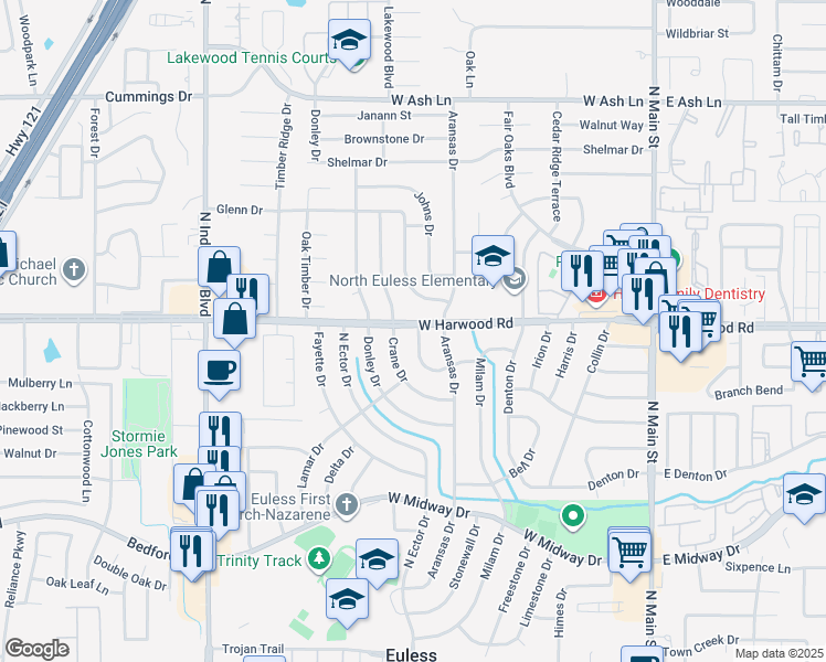 map of restaurants, bars, coffee shops, grocery stores, and more near 1015 Blanco Drive in Euless