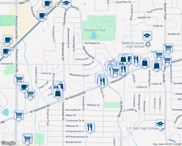 map of restaurants, bars, coffee shops, grocery stores, and more near 328 Mountainview Drive in Hurst
