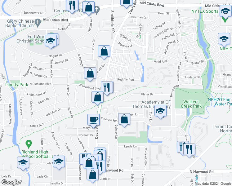 map of restaurants, bars, coffee shops, grocery stores, and more near 7825 Mockingbird Lane in North Richland Hills