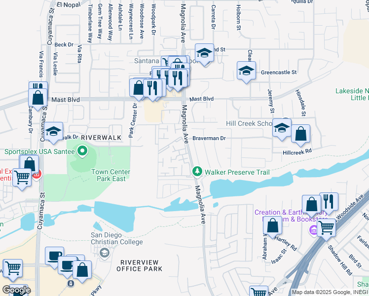 map of restaurants, bars, coffee shops, grocery stores, and more near 10390 Bart Way in Santee