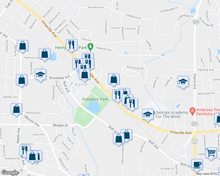 map of restaurants, bars, coffee shops, grocery stores, and more near 143 Marshall Avenue in Macon