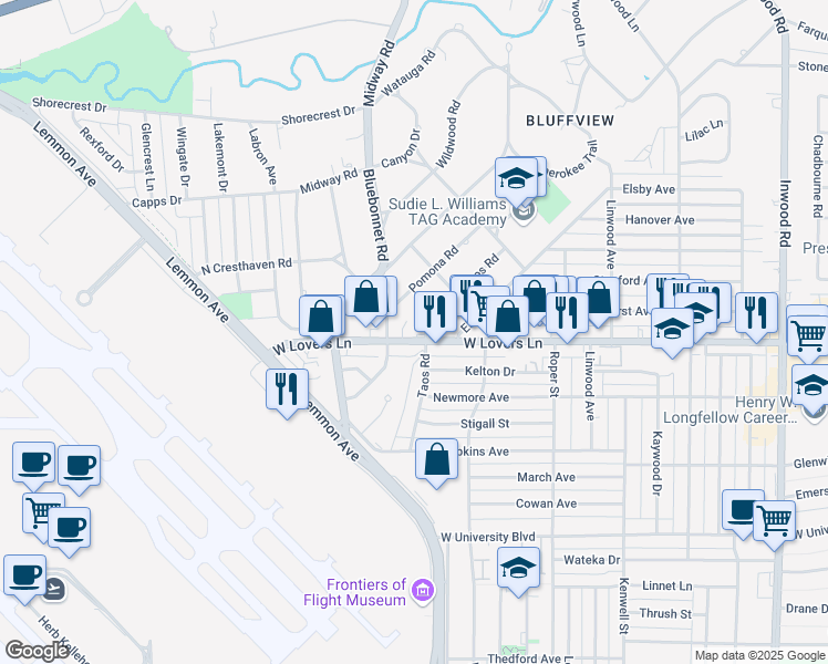 map of restaurants, bars, coffee shops, grocery stores, and more near 4313 West Lovers Lane in Dallas