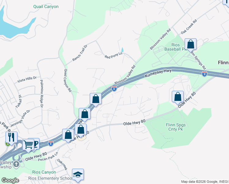 map of restaurants, bars, coffee shops, grocery stores, and more near 9494 Chimney Rock Lane in El Cajon