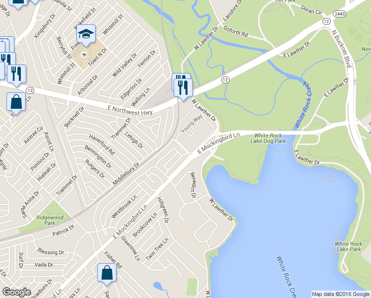 map of restaurants, bars, coffee shops, grocery stores, and more near Thomas Place in Dallas