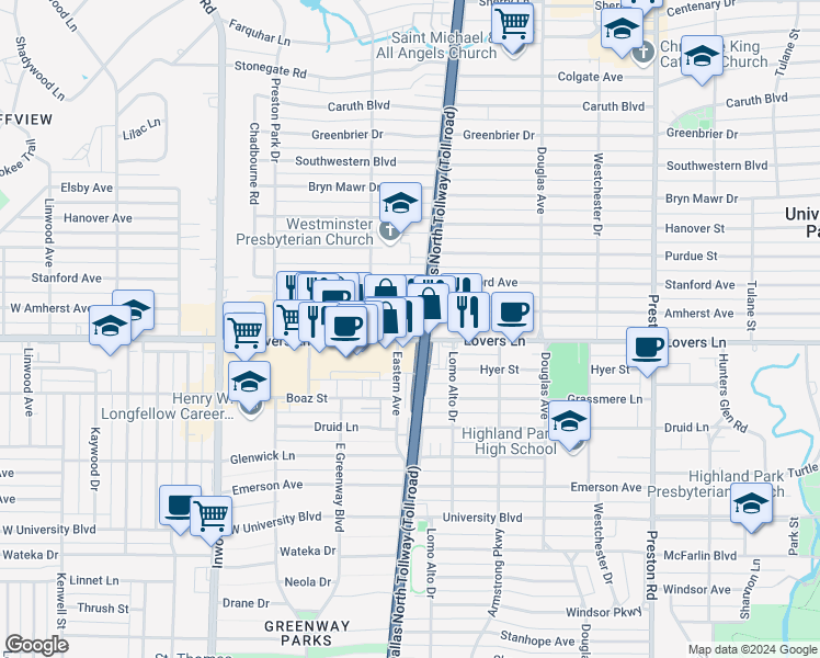 map of restaurants, bars, coffee shops, grocery stores, and more near 5725 West Lovers Lane in Dallas