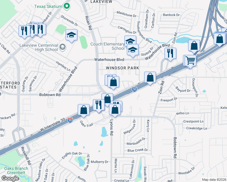 map of restaurants, bars, coffee shops, grocery stores, and more near 4010 Easton Meadows Drive in Garland