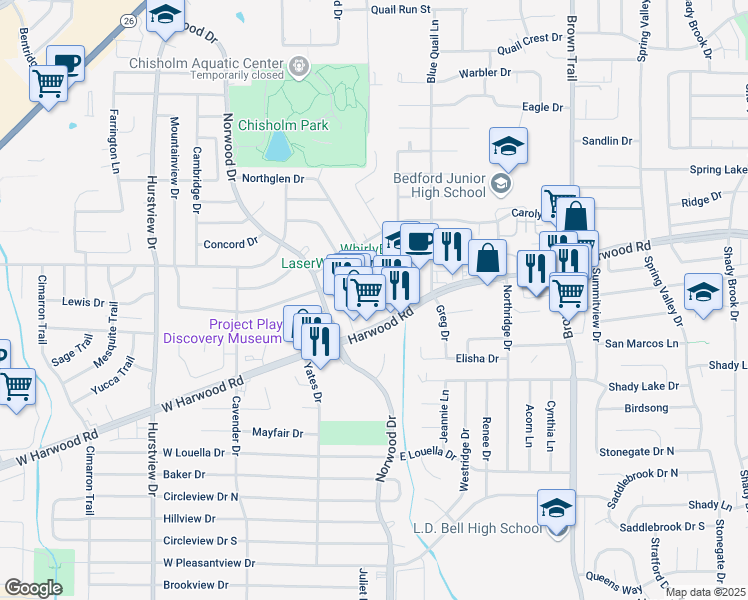 map of restaurants, bars, coffee shops, grocery stores, and more near 147 East Harwood Road in Hurst