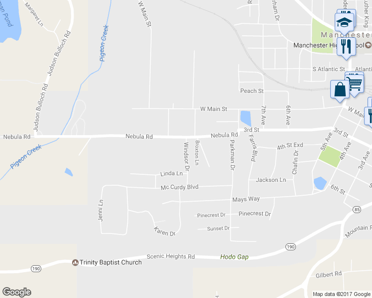 map of restaurants, bars, coffee shops, grocery stores, and more near 504 Windsor Drive in Manchester
