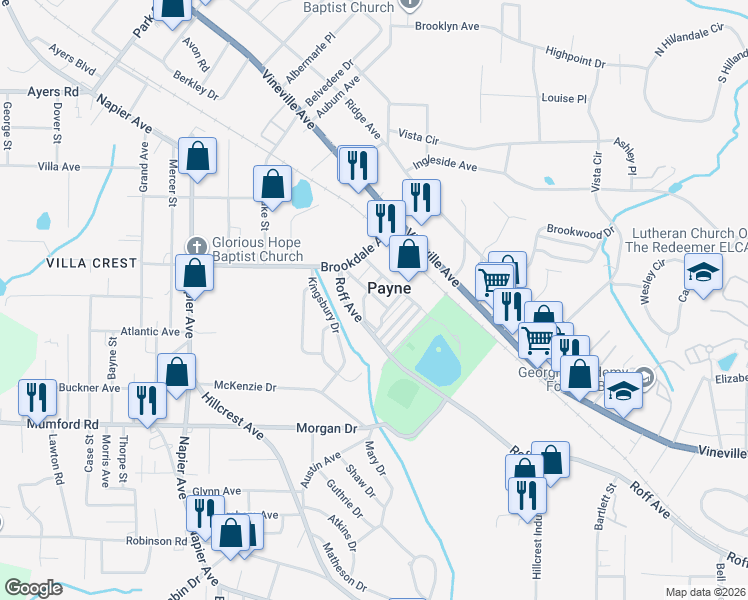 map of restaurants, bars, coffee shops, grocery stores, and more near 3380 Roff Avenue in Macon