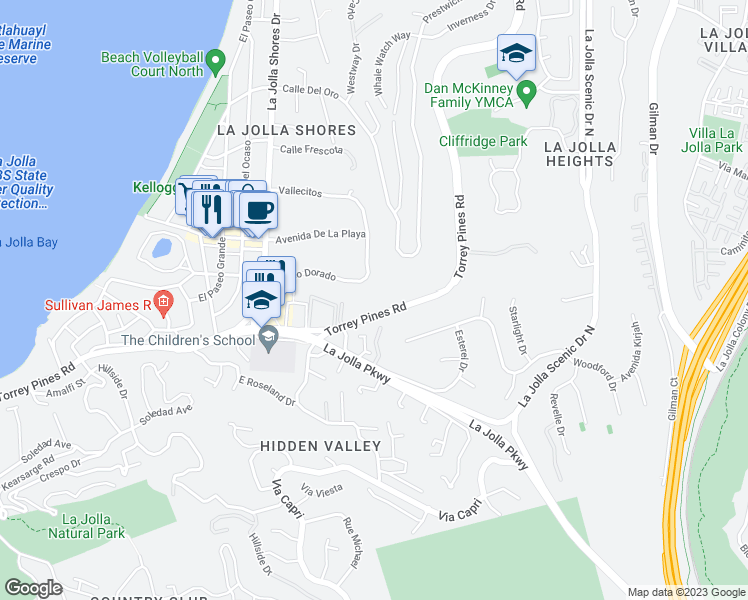 map of restaurants, bars, coffee shops, grocery stores, and more near 2510 Torrey Pines Road in San Diego
