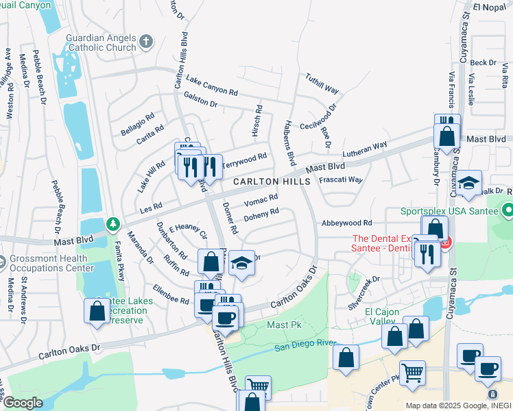 map of restaurants, bars, coffee shops, grocery stores, and more near 9447 Wharton Road in Santee