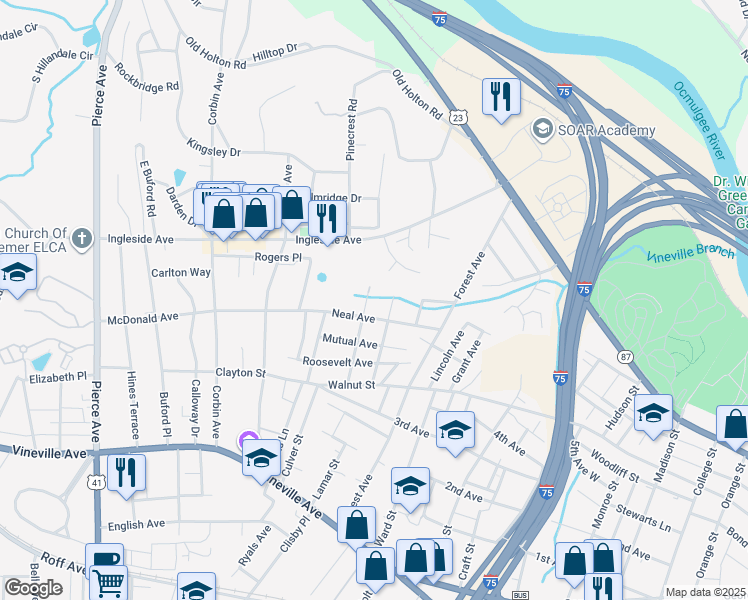 map of restaurants, bars, coffee shops, grocery stores, and more near 426 Penn Avenue in Macon