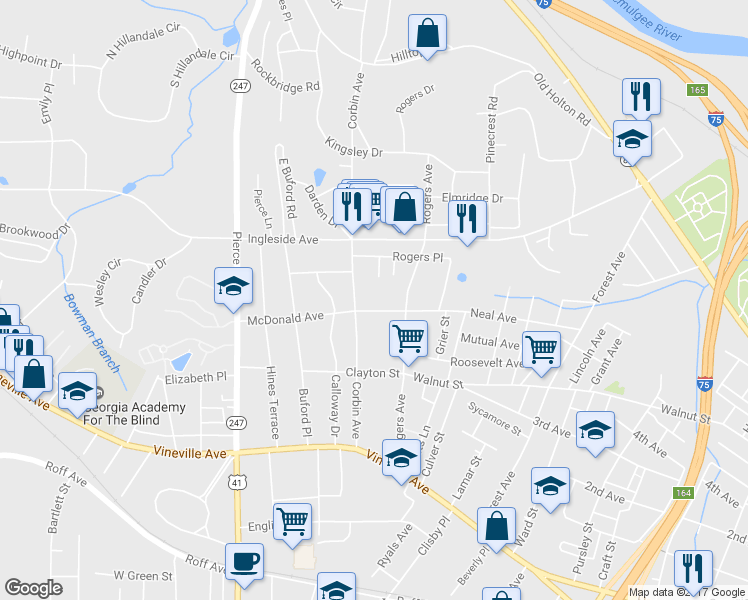 map of restaurants, bars, coffee shops, grocery stores, and more near 2355 McDonald Ave in Macon