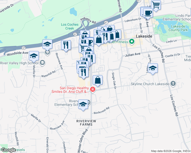 map of restaurants, bars, coffee shops, grocery stores, and more near 12120 Orange Crest Court in Lakeside