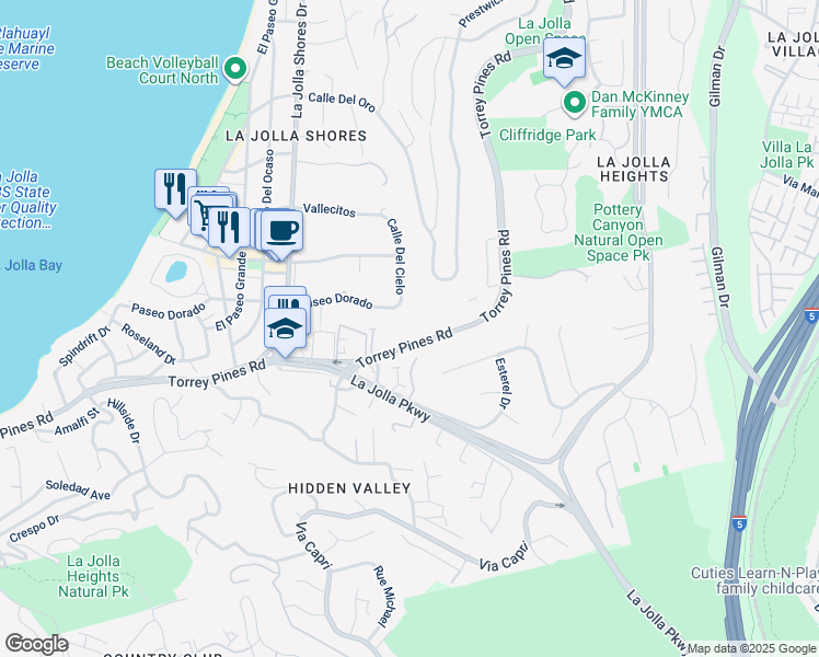 map of restaurants, bars, coffee shops, grocery stores, and more near 2510 Torrey Pines Road in San Diego