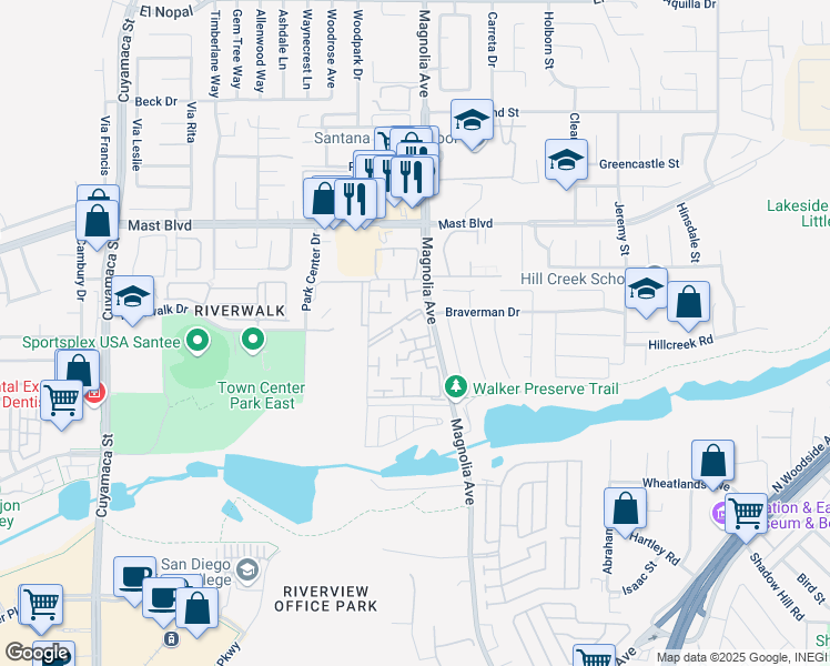 map of restaurants, bars, coffee shops, grocery stores, and more near 10374 Bart Way in Santee