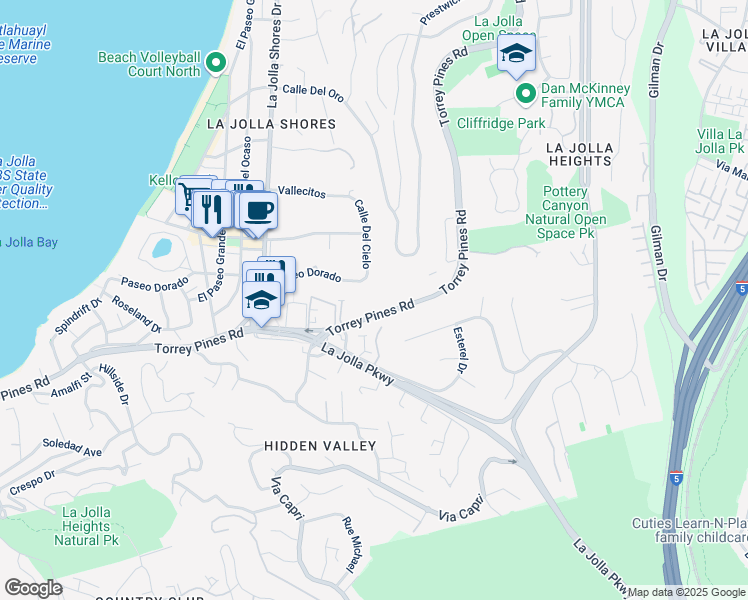 map of restaurants, bars, coffee shops, grocery stores, and more near 2510 Torrey Pines Road in San Diego