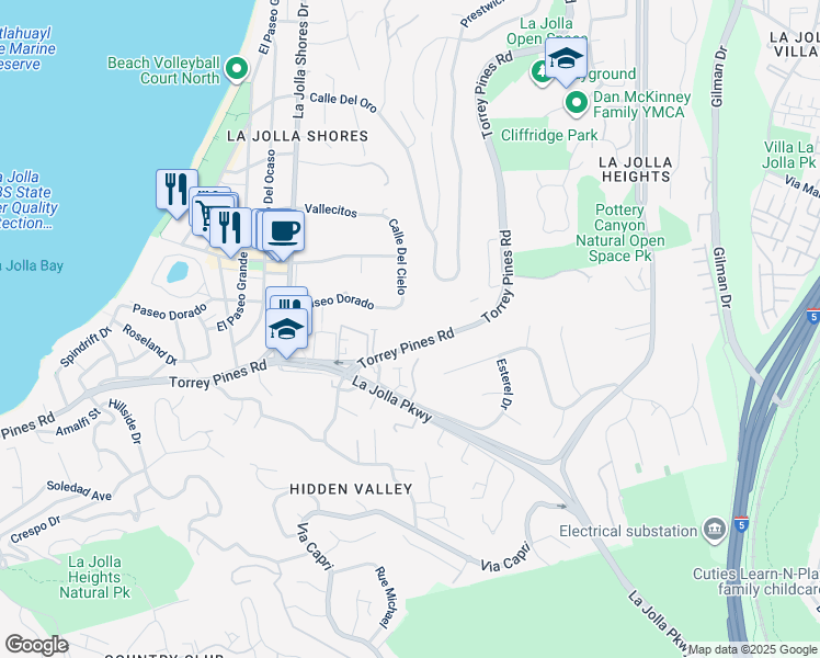 map of restaurants, bars, coffee shops, grocery stores, and more near 2510 Torrey Pines Road in San Diego
