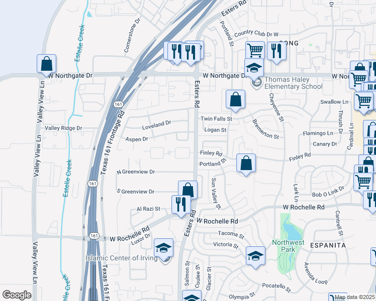 map of restaurants, bars, coffee shops, grocery stores, and more near 3347 Esters Road in Irving