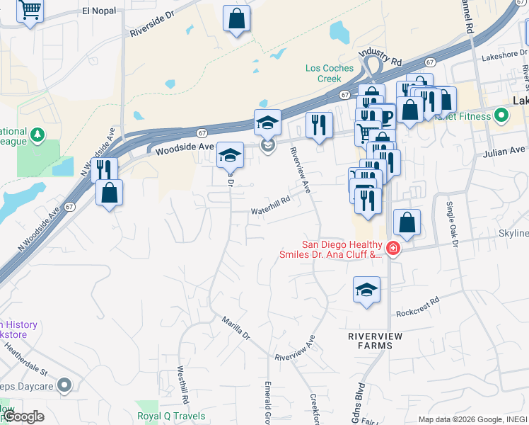 map of restaurants, bars, coffee shops, grocery stores, and more near 11769 Waterhill Road in Lakeside