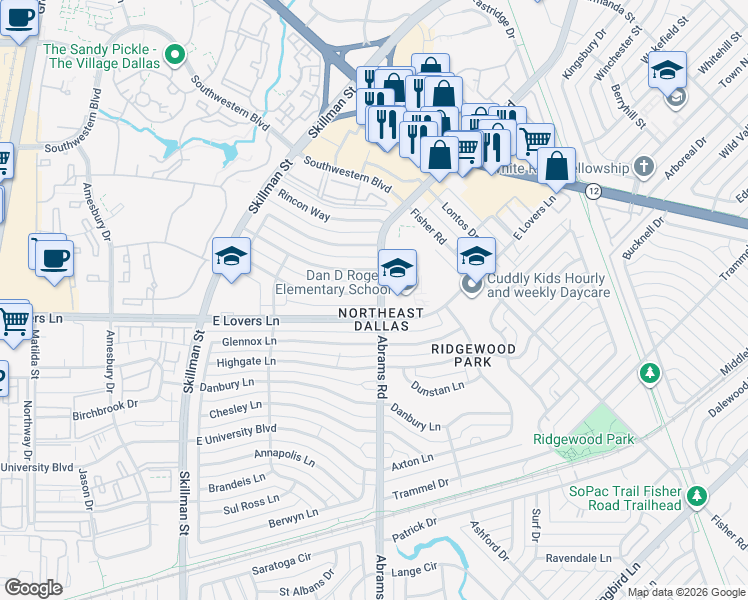 map of restaurants, bars, coffee shops, grocery stores, and more near 6350 Town Hill Lane in Dallas