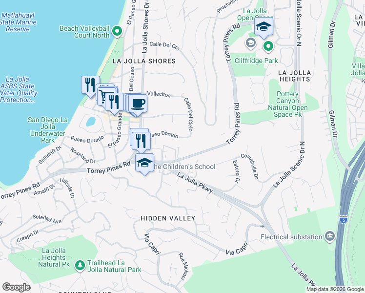 map of restaurants, bars, coffee shops, grocery stores, and more near 2408 Torrey Pines Road in San Diego