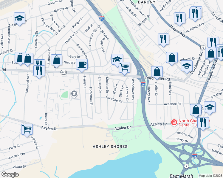 map of restaurants, bars, coffee shops, grocery stores, and more near 2616 Wye Lane in North Charleston