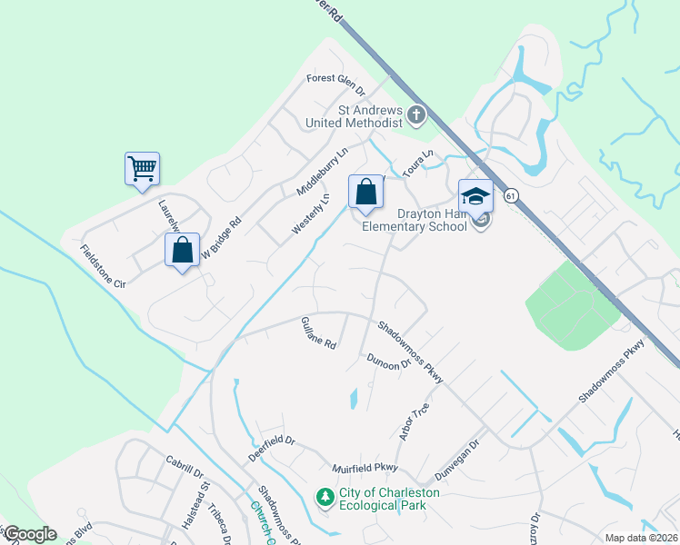 map of restaurants, bars, coffee shops, grocery stores, and more near 97 Fieldfare Way in Charleston