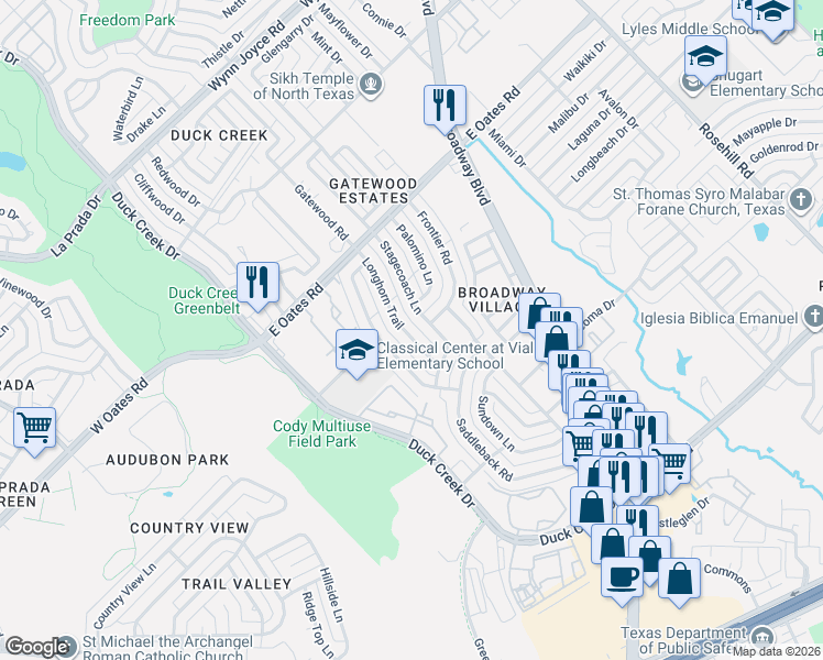 map of restaurants, bars, coffee shops, grocery stores, and more near 5201 Longhorn Trail in Garland