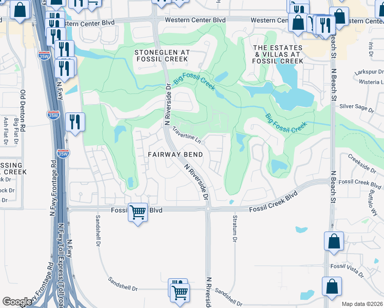 map of restaurants, bars, coffee shops, grocery stores, and more near 5932 Stream Drive in Fort Worth