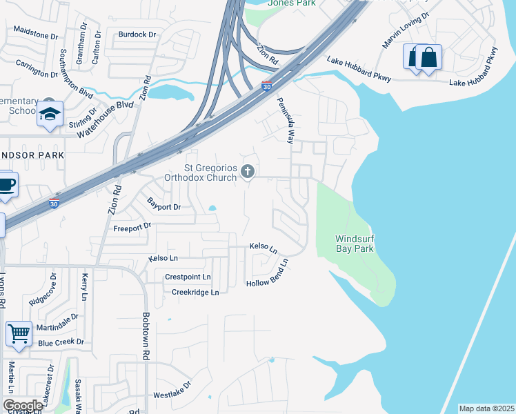 map of restaurants, bars, coffee shops, grocery stores, and more near 5210 Locust Grove Road in Garland