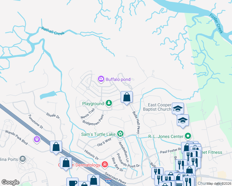 map of restaurants, bars, coffee shops, grocery stores, and more near 701 Hibben's Grant Boulevard in Mount Pleasant