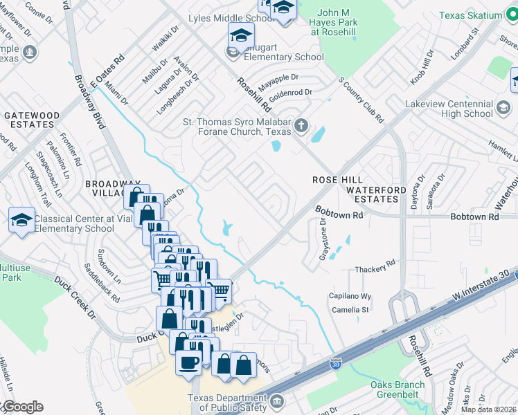 map of restaurants, bars, coffee shops, grocery stores, and more near 901 Meadowside Circle in Garland