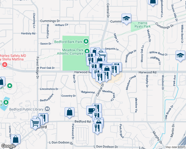 map of restaurants, bars, coffee shops, grocery stores, and more near 2100 Harwood Road in Bedford