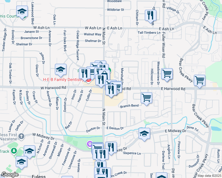 map of restaurants, bars, coffee shops, grocery stores, and more near 140 East Harwood Road in Euless