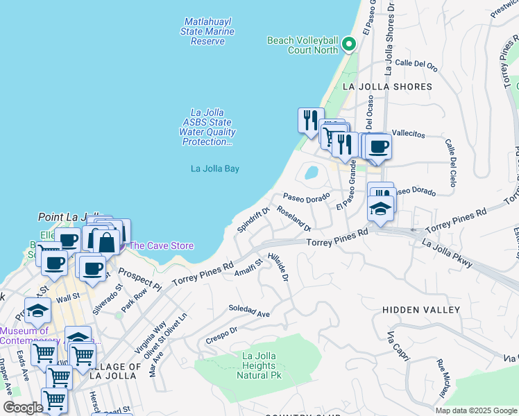 map of restaurants, bars, coffee shops, grocery stores, and more near 1900 Spindrift Drive in San Diego