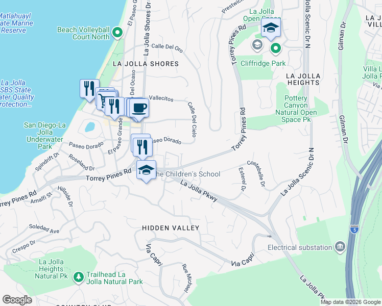 map of restaurants, bars, coffee shops, grocery stores, and more near 2510 Torrey Pines Road in San Diego