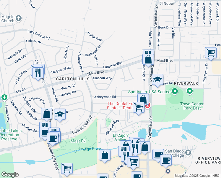 map of restaurants, bars, coffee shops, grocery stores, and more near 9537 East Hartland Circle in Santee