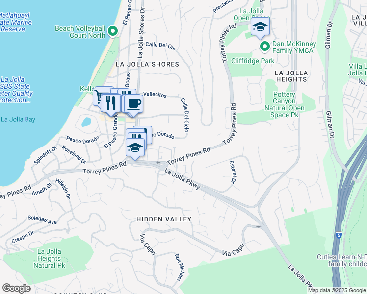 map of restaurants, bars, coffee shops, grocery stores, and more near 2500 Torrey Pines Road in San Diego
