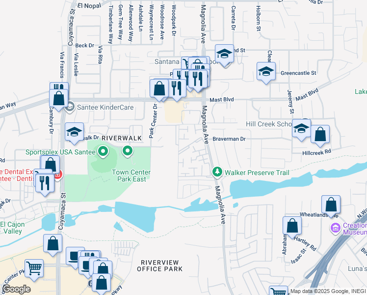 map of restaurants, bars, coffee shops, grocery stores, and more near 10314 Rochelle Avenue in Santee